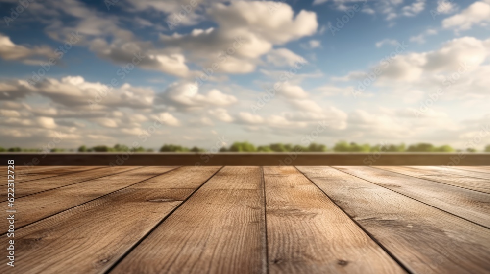 Empty wooden table top with cloudy sky background