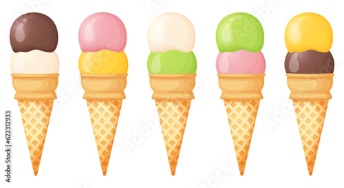 Different color ice cream in a waffle cone