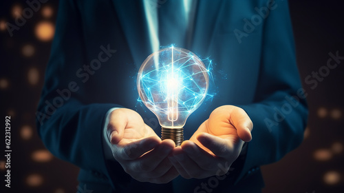 Glowing illuminated blue lightbulb in businessman hand with network connection line. Innovative idea and inspiration concept. Business man in suit holding creativity bulbs shining and gl,generative AI