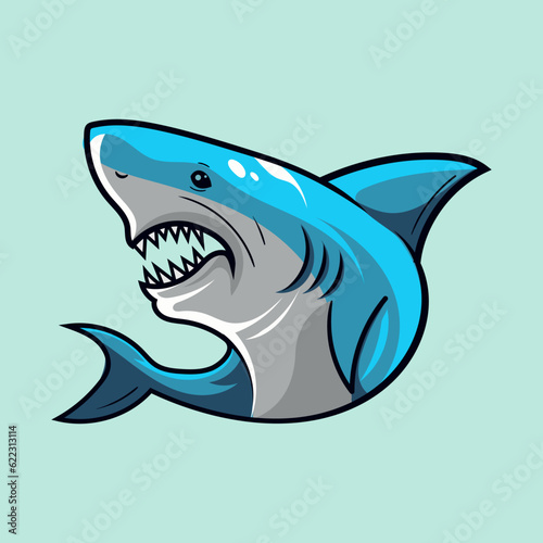 Cute blue shark funny animal spraying water vector illustration in kawaii cartoon style under the sea watercolor illustration with isolated background