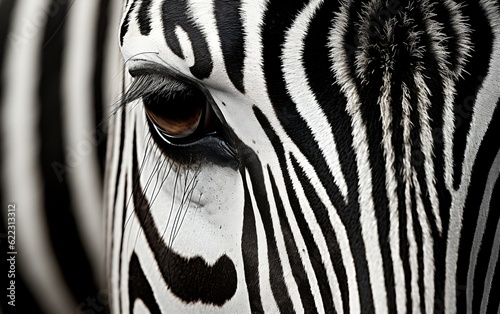A close up of a zebra s eye with black and white stripes. AI