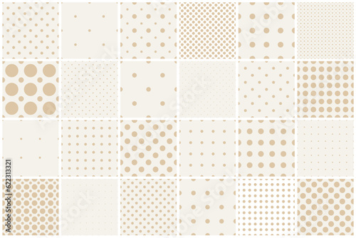 Collection of vector seamless dotted geometric patterns. Simple elegant spotted textures - repeatable minimalistic beige backgrounds. Textile endless polka dot prints