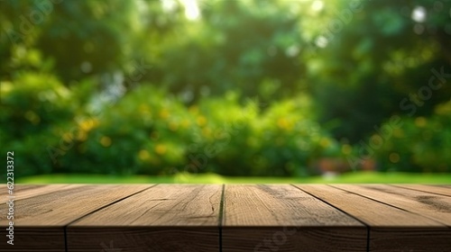 Empty wooden table top with blur background of Forest trees