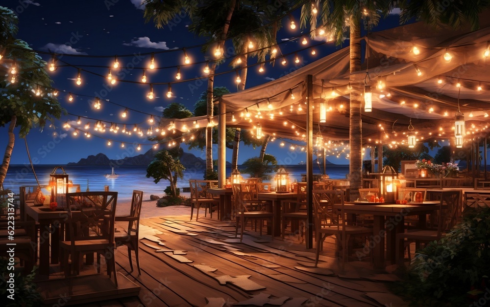 Illuminated summer beach cafe, Generative Ai