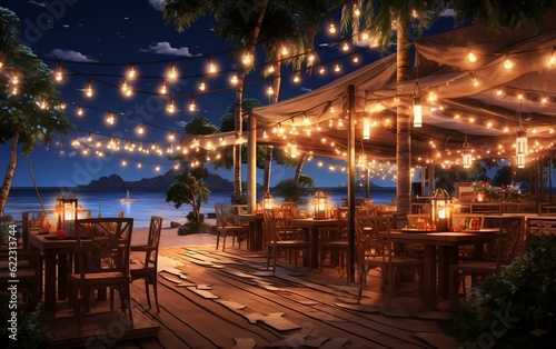 Illuminated summer beach cafe, Generative Ai © Flowstudio