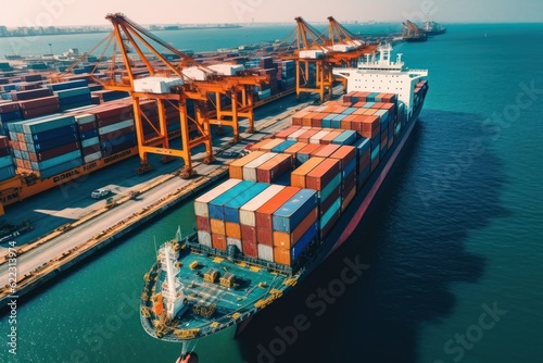 Aerial view of a cargo container ship. Fully loaded container ship against the background of a cargo terminal in a seaport, port cranes, railroads. Global freight logistics concept. 3D illustration.