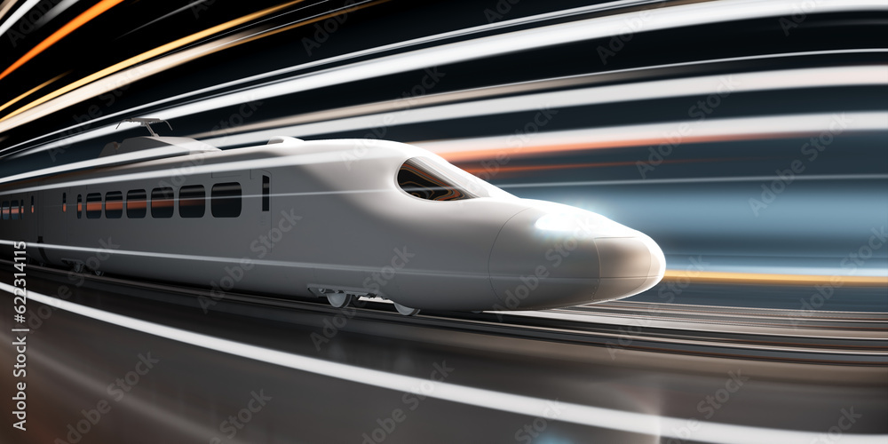 High-speed train speeds through a blue and orange neon-lit futuristic tunnel.
