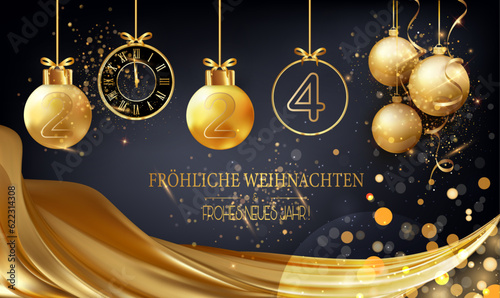 Karte oder Banner für frohe Weihnachten und ein glückliches neues Jahr 2022 in Gold mit hängenden Weihnachtskugeln, einer Uhr und einem Vorhang und Kreisen im Bokeh-Effekt in Goldfarbe auf schwarzem H