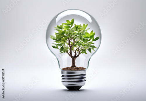 Eco-friendly lightbulb from fresh leaves top vie, concept of Renewable Energy and Sustainable Living with white background