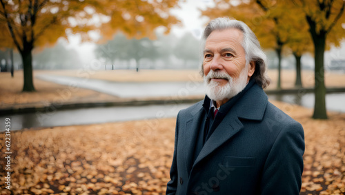 Smiling man with silver hair and beard wearing coat. Blurred autumn background with copy space. Generative AI.