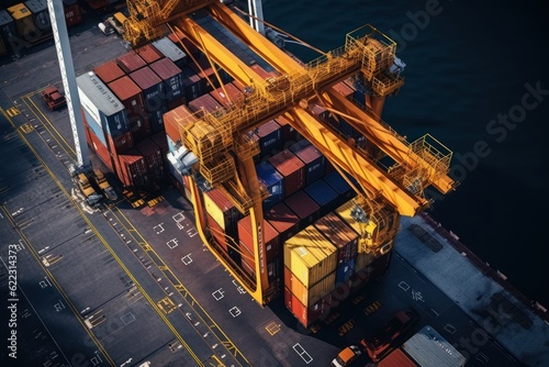 Aerial close up view of a cargo terminal on the pier of industrial seaport. Port cranes load containers on board a cargo ship. Global freight transportation and logistics concept. 3D illustration.