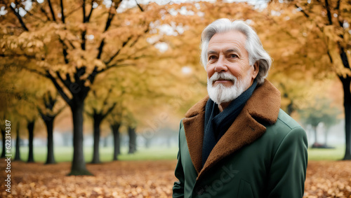 Portrait of senior male with green coat. Blurred autumn background with copy space. Generative AI.