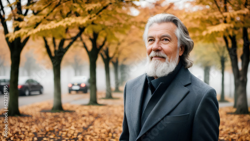 Portrait of happy male with silver beard wearing coat. Blurry autumn background with copy space. Generative AI.