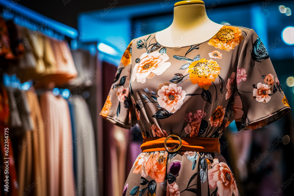 Robe d'été à fleurs présentée sur un mannequin dans la vitrine d'un magasin de mode - Générative IA