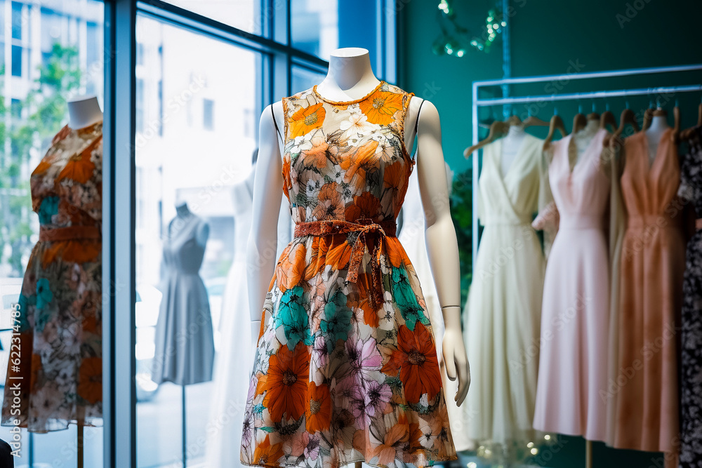 Robe d'?�t?� ?� fleurs pr?�sent?�e sur un mannequin dans la vitrine d'un magasin de mode - G?�n?�rative 