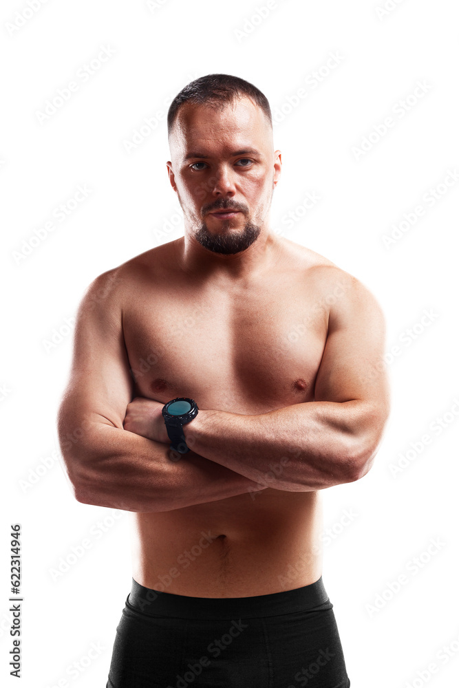 Fototapeta premium Man athlete on white background. Fitness man. Muscular man athlete in fitness gym. Sports trainer on training. Fitness motivation. Bodybuilding. Healthy lifestyle