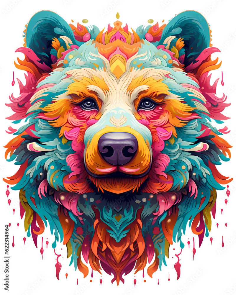 Illustration of a colorful bear, artistic ornemental design in pop colors - Inspiring animals theme