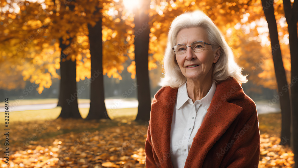 Senior woman with grey hair looking at camera. Blurry autumn background with mockup. Generative AI. Senior woman with grey hair looking at camera. Blurry autumn background with mockup. Generative AI.