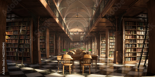 An old library full of beautiful wooden shelves stacked with vintage books.