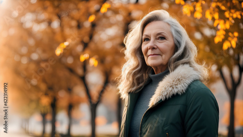 Happy senior woman with grey, wavy hair. Blurry autumn background with mockup. Generative AI.