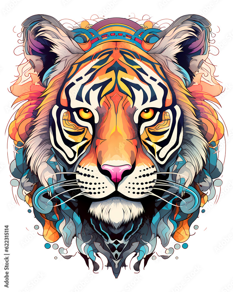 Illustration of a colorful tiger, artistic ornemental design in pop colors - Inspiring animals theme