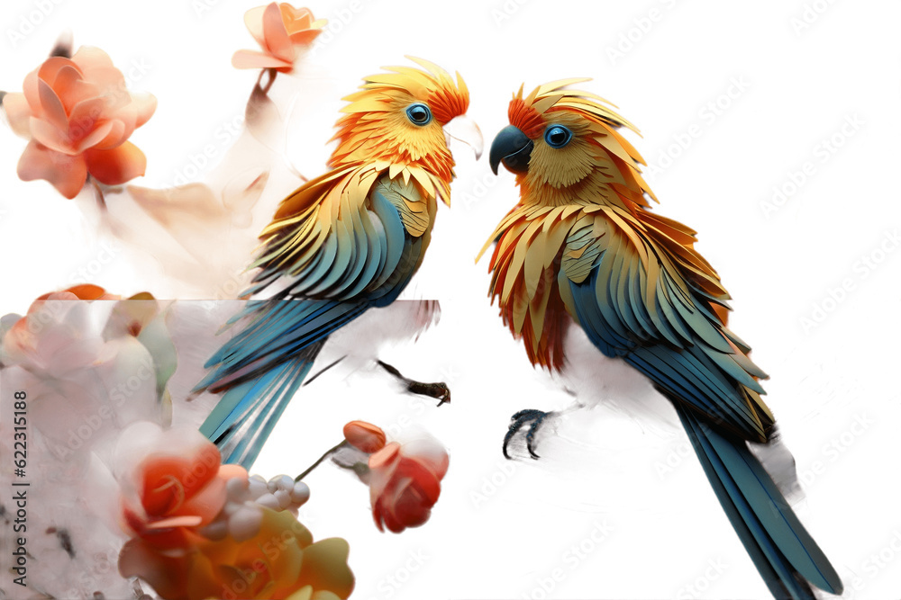 Cute 3D Birds Floral Parrot on Transparent Background. Generative AI