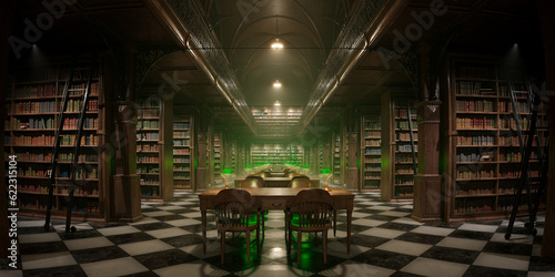 Old two-stories library interior during night illuminated by green desklamps. photo