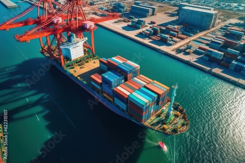 Aerial view of a cargo container ship. Fully loaded container ship against the background of a cargo terminal in a seaport, port cranes, railroads. Global freight logistics concept. 3D illustration.