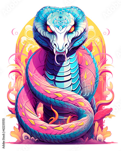 Illustration of a colorful snake, artistic ornemental design in pop colors - Inspiring animals theme photo