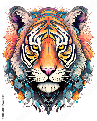 Illustration of a colorful tiger  artistic ornemental design in pop colors - Inspiring animals theme