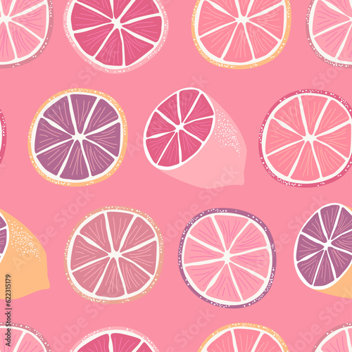 Pink grapefruits, citrus seamless repeat pattern
