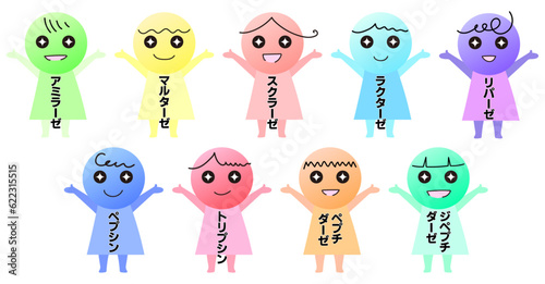 かわいい消化酵素のキャラクター素材セット
アミラーゼ　マルターゼ　スクラーゼ　ラクターゼ　リパーゼ　ペプシン　トリプシン　ペプチダーゼ　ジペプチダーゼ