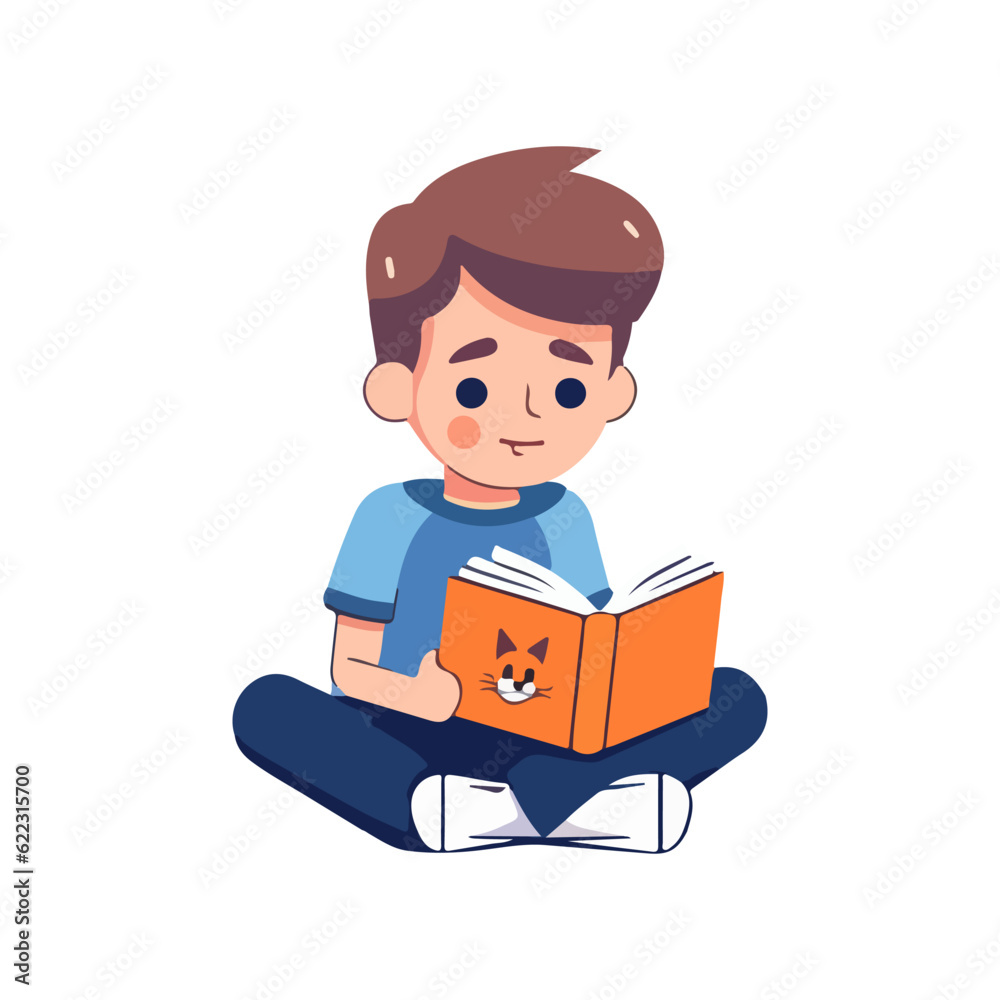 student boy reading a book vector, character learning illustration