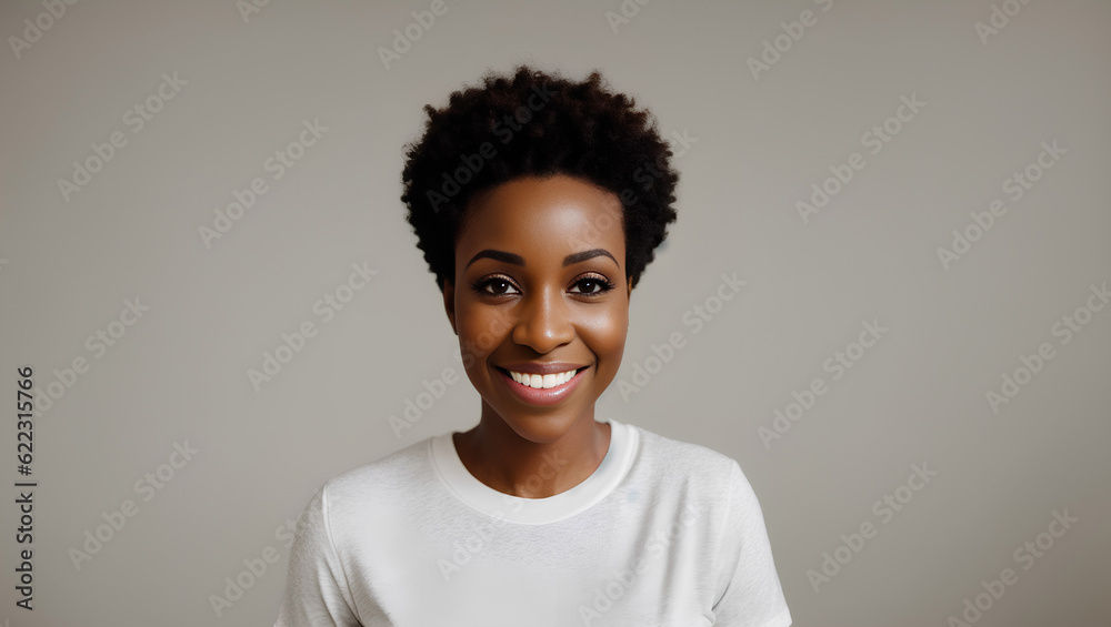 Fototapeta premium Smiling woman with black, curly hair on natural background with copy space. Generative AI.