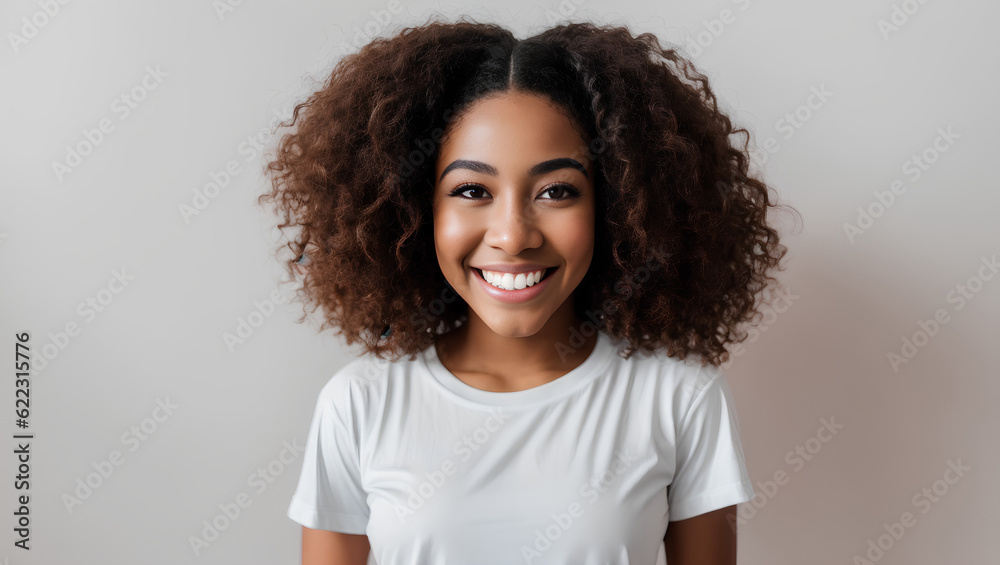Portrait of smiling afro-american woman on empty background with mockup. Generative AI. Portrait of smiling afro-american woman on empty background with mockup. Generative AI.