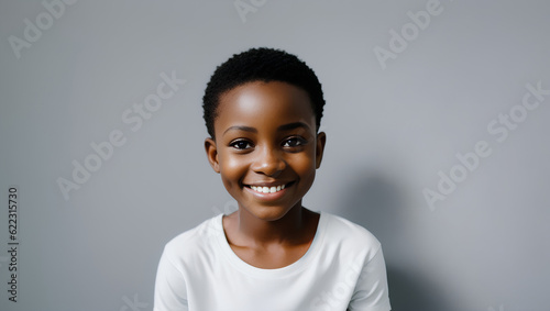 Portrait of young girl with short hair looking at camera. Empty background with mockup. Generative AI. © Dawid