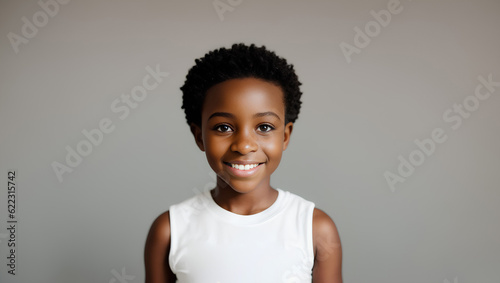 Portrait of young black woman with short hair looking at camera. Natural background with mockup. Generative AI.