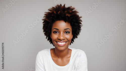 Portrait of beautiful woman with curly hair looking at camera. Natural background with copy space. Generative AI. © Dawid