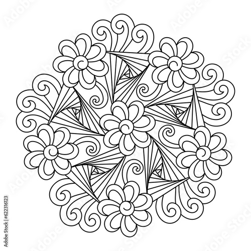Coloring page. Original mandala with geometric shapes and flowers. Meditative floral coloring book. Black and white Vector illustration.