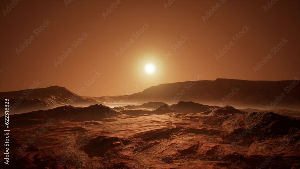 Side aerial view at sunset of the red Martian desert surface on Mars. Sci-Fi landscape Side aerial view at sunset of the red Martian desert surface on Mars. Sci-Fi landscape