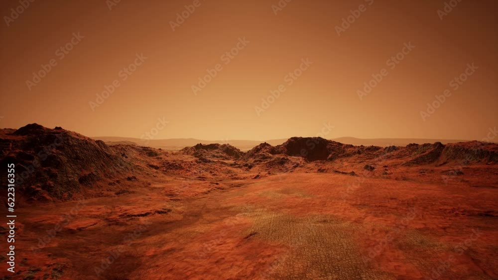 Aerial view of the red Martian desert surface on Mars. Sci-Fi Landscape