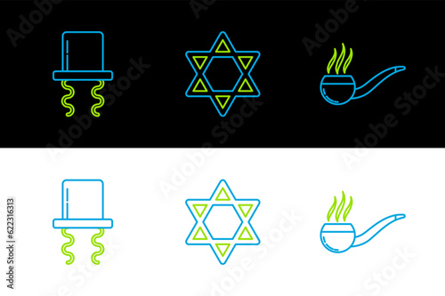 Set line Smoking pipe with smoke, Orthodox jewish hat sidelocks and Star of David icon. Vector