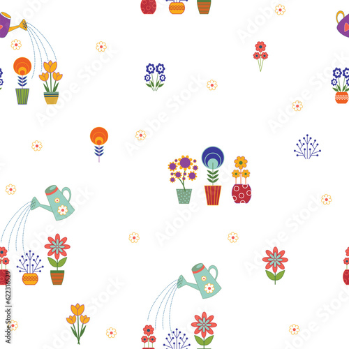 Samless pattern. Flowers and watering cans. Spring floral background