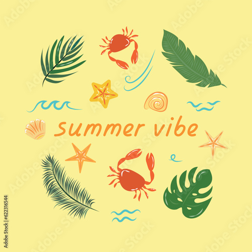 Illustration with crabs shells and tropical leaves The inscription Summer vibe