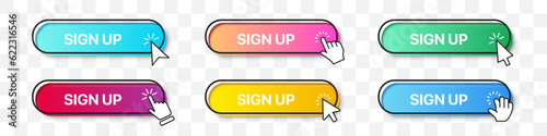 Sign up buttons collection with arrow and hand cursor pointer. Gradient button with shadow. Set of digital web buttons. App website button collection