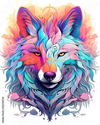 Illustration of a colorful wolf, artistic ornemental design in pop colors - Inspiring animals theme photo