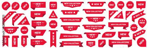 New collection red label isolated on white background. Set of new collection badge ribbon. Sticker, tags, badge, ribbon for promotion