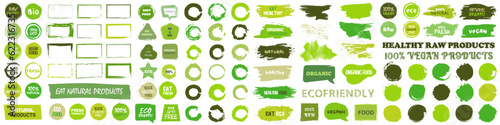 Set of green brush texture for healthy food. Organic, bio, vegan, raw, healthy food, sugar free, fresh grunge badges collection