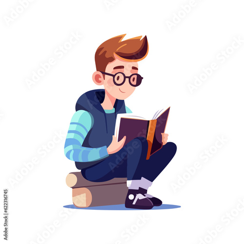 student boy reading a book vector, character learning illustration