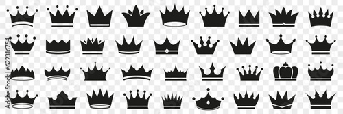 Crown headwear icon collection. Set of black crown icons. King and queen crown icon collection